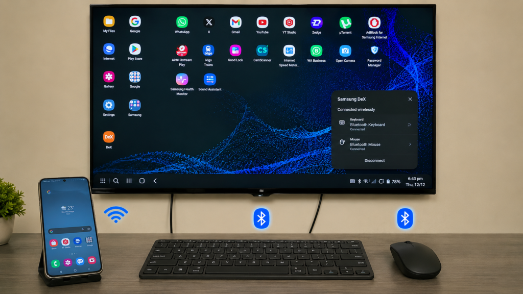Samsung DeX on TV Wirelessly — Use Your Phone as a Laptop on Any Smart TV samsung dex wireless bluetooth keyboard mouse tv setup