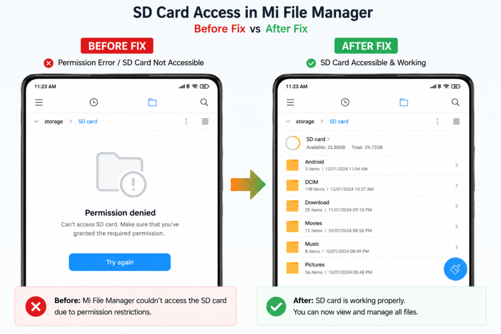 SD Card Permission Fix on Mi, Redmi and Xiaomi Phones — Mi File Manager SD Card Access Problem Solved mi redmi xiaomi sd card permission fixed before after comparison
