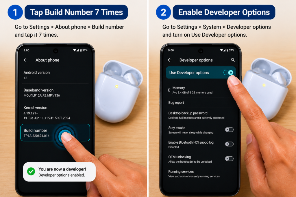 Pixel Buds A Series Low Volume Fix — Permanent Solution for Google Pixel Buds Sound Problem android developer options enable build number pixel buds