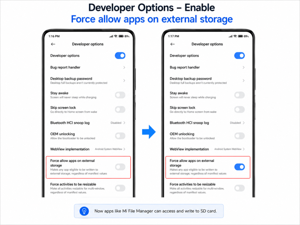 SD Card Permission Fix on Mi, Redmi and Xiaomi Phones — Mi File Manager SD Card Access Problem Solved force allow apps external storage developer options mi sd card fix