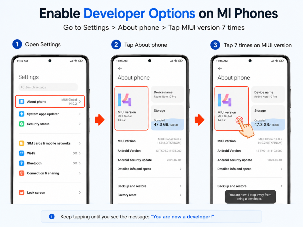 SD Card Permission Fix on Mi, Redmi and Xiaomi Phones — Mi File Manager SD Card Access Problem Solved enable developer options mi redmi miui version tap 7 times