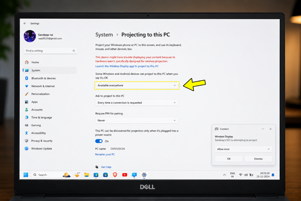 samsung dex laptop projecting to this pc settings available everywhere