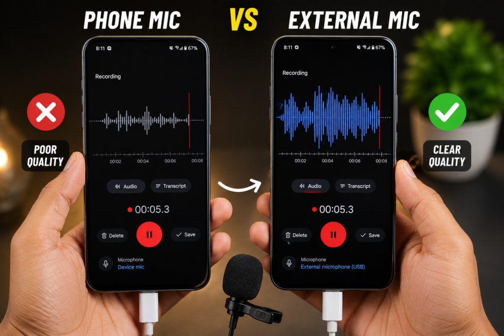 external mic vs phone mic audio quality comparison test