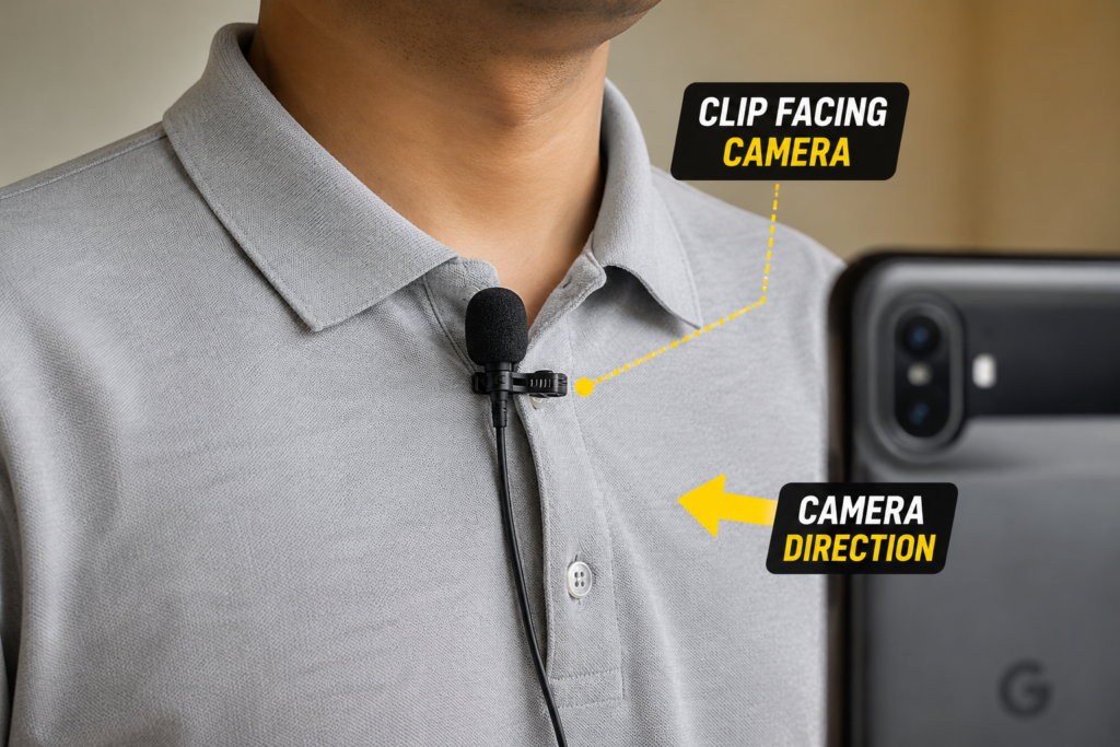 lavalier mic clip direction smartphone camera setup