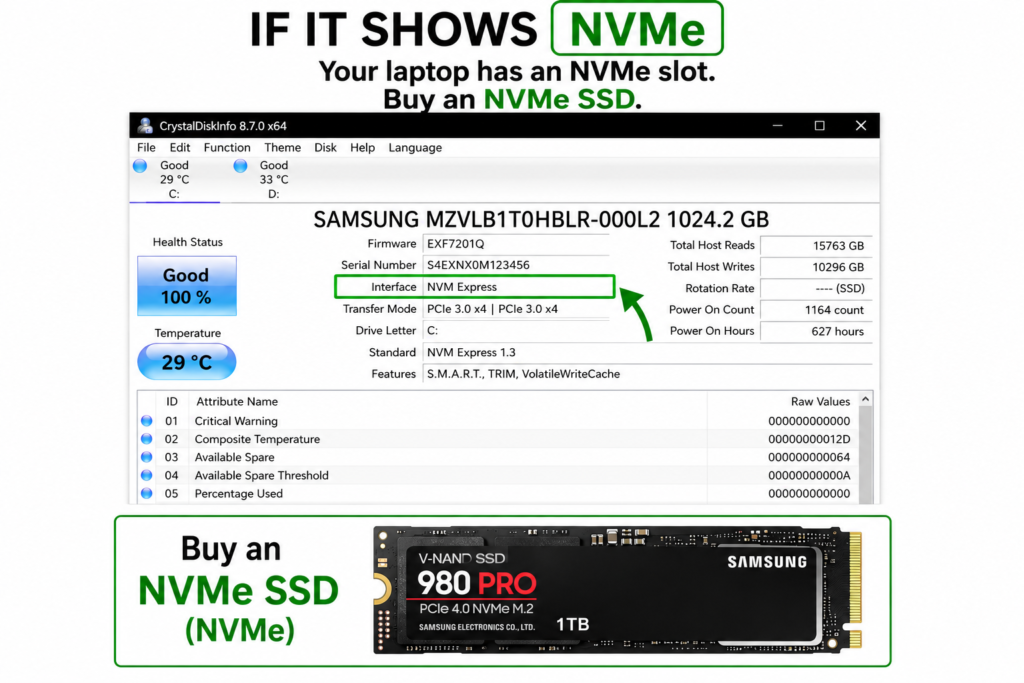 How to Check Which SSD Slot Your Laptop Has — M.2 SATA or NVMe (2 Methods) crystaldiskinfo nvme interface confirmed laptop ssd slot