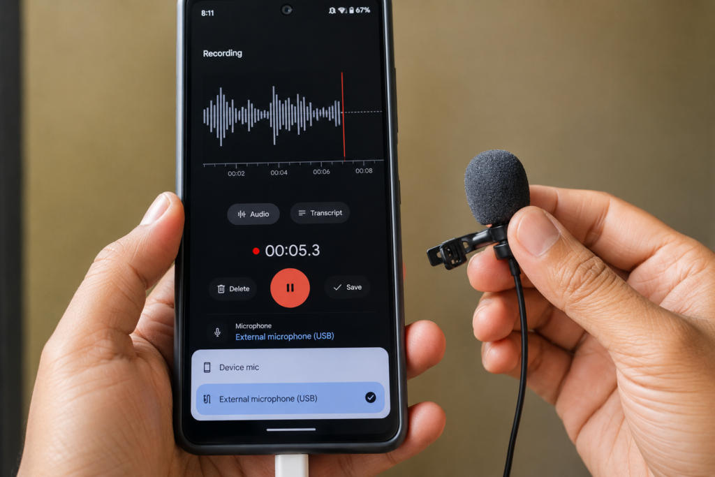 google voice recorder external mic settings option
