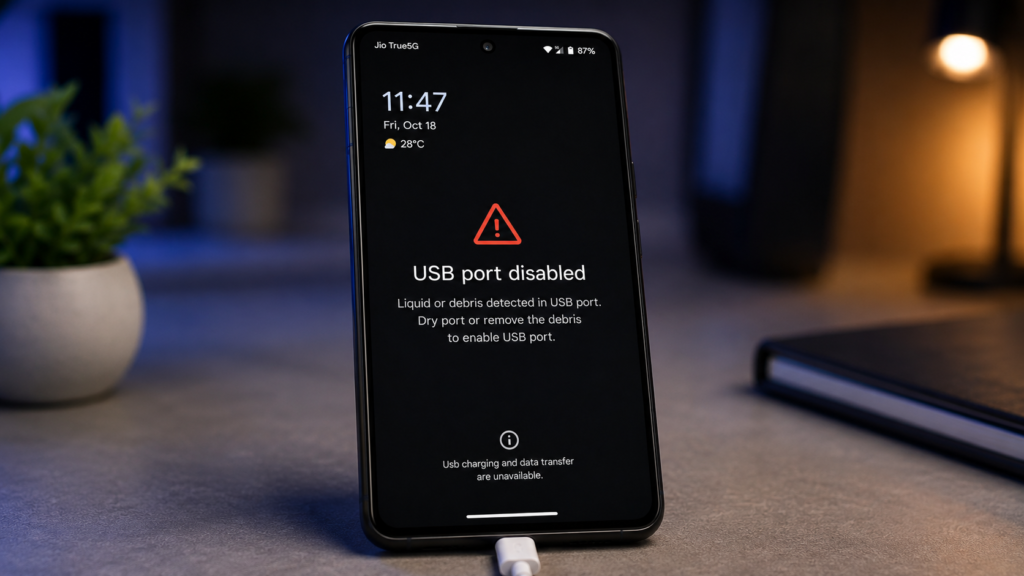 liquid or debris in usb port google pixel usb disabled notification