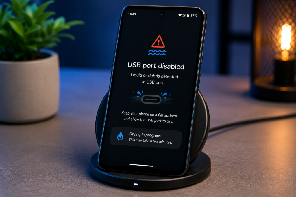 google pixel usb port no longer detects liquid or debris notification
