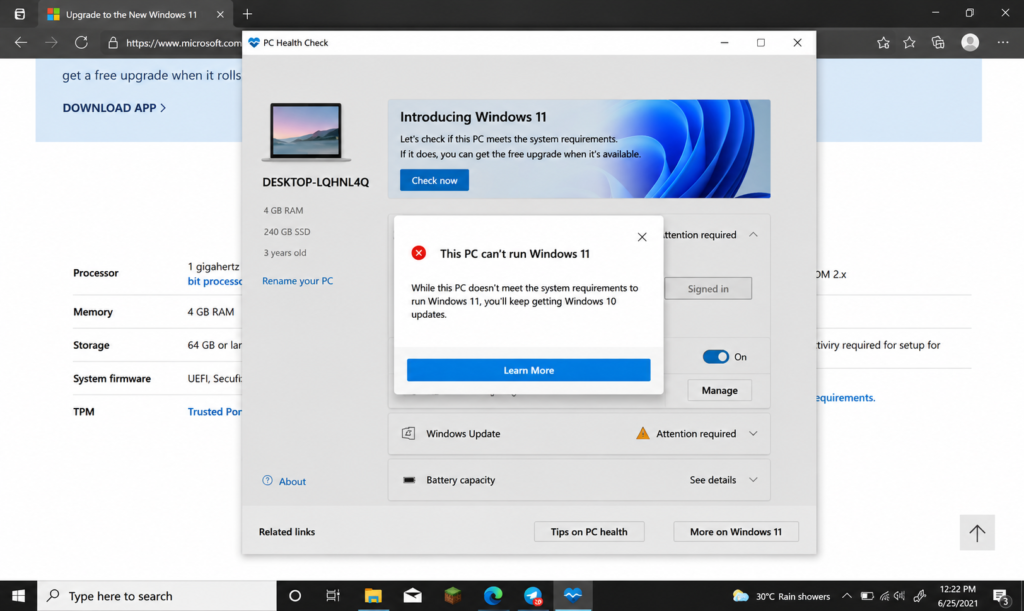 Windows 10 PC Health Check compatibility result showing This PC can’t run Windows 11 due to unsupported hardware