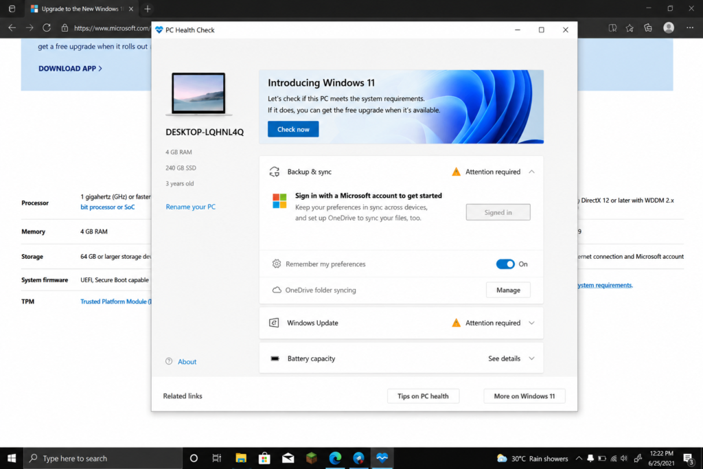 pc health check windows 11 result