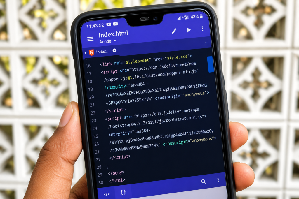 Acode App Se Website Kaise Banaye — Build a Website on Your Android Phone acode app html bootstrap template screenshot