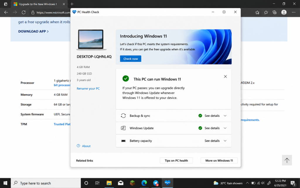 Windows 10 PC Health Check app showing successful Windows 11 compatibility check for supported laptop