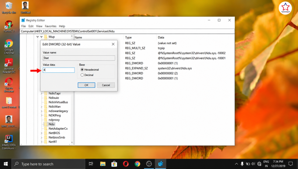 change ndu service start value registry