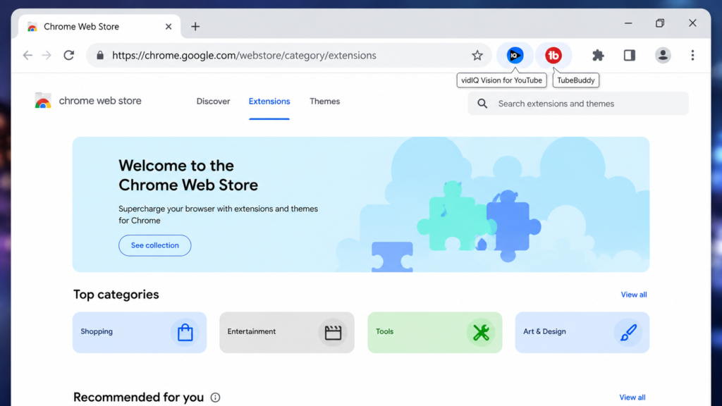 vidiq tubebuddy pc installed chrome toolbar screenshot