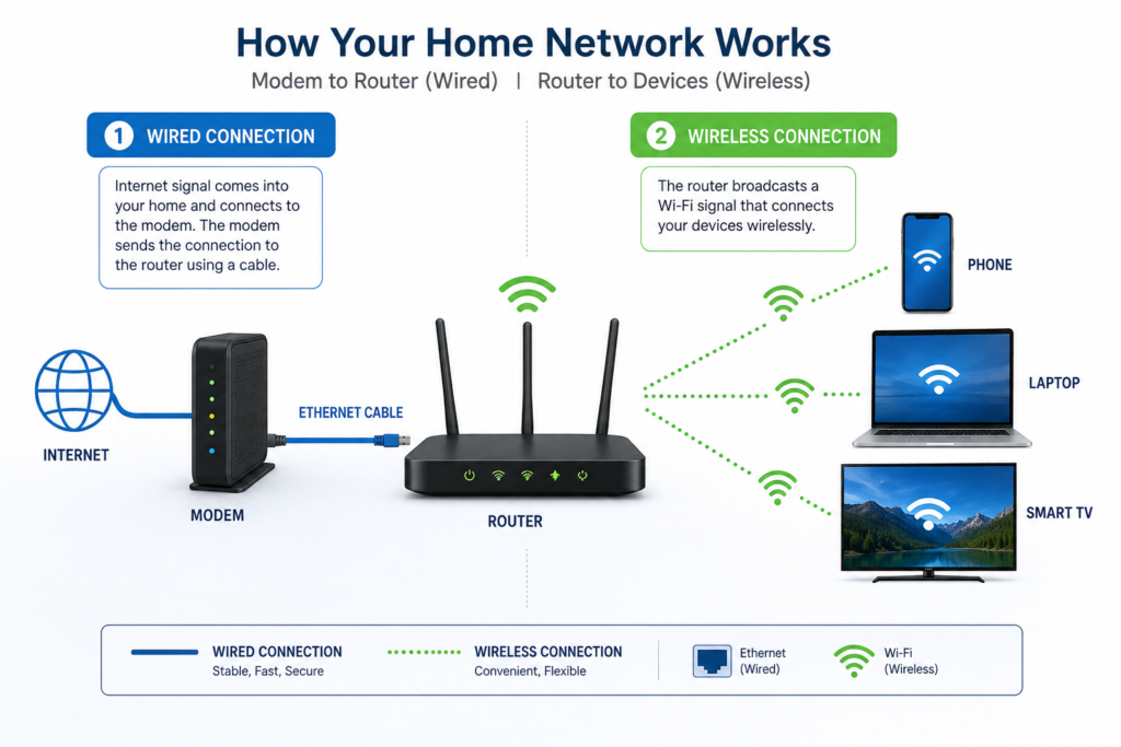 How WiFi Works: Radio Waves, Routers & WiFi Generations Explained what is wifi router modem diagram